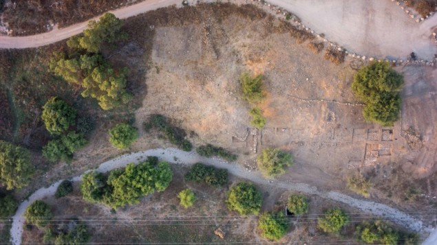 An aerial view of the recent discovery made by Israeli Archaeologists. Bar Ilan University announced the discovery of a monumental city gate and fortification of the biblical city of Philistine Gath (home of Goliath) on August 4, 2015. (Griffin Aerial Imaging)