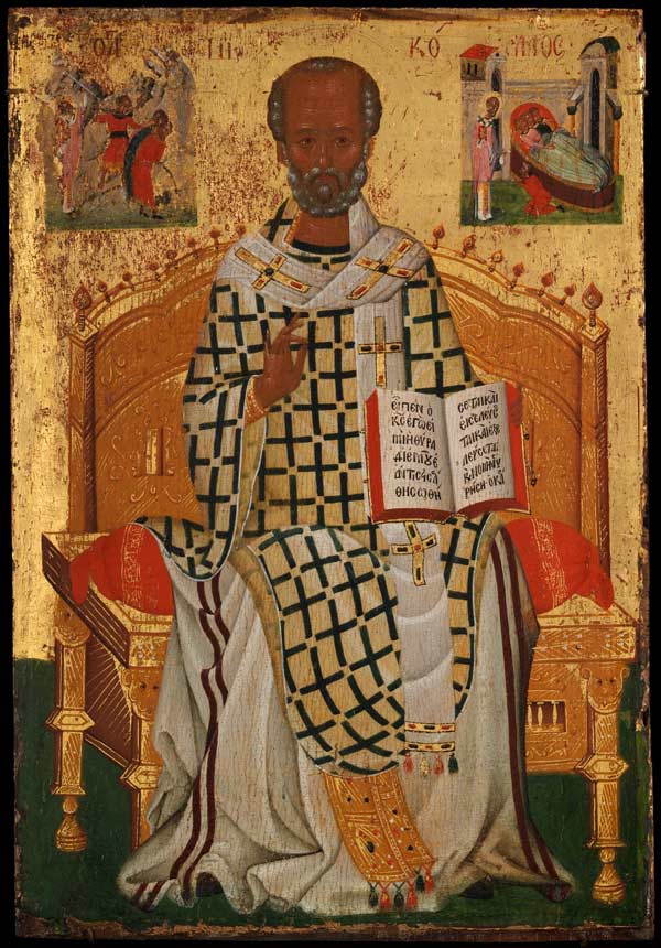 Saint Nicholas, from four icons from a pair of doors (panels), possibly part of a polyptych, early 15th century. Made in Crete? Byzantine. Tempera and gold on wood; 10 13/16 × 7 3/8 x 5/16 in. (27.4 x 18.8 × 0.8 cm). The Metropolitan Museum of Art, New York, Purchase, Mary and Michael Jaharis Gift, 2013 (2013.980d)