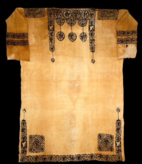 Tunic with Dionysian ornament, probably 5th century. Egypt, Akhmim (former Panopolis). Coptic. Linen, wool; plain weave, tapestry weave; L. 72 1/16 in. (183 cm) W. 53 1/8 in. (135 cm). The Metropolitan Museum of Art, New York, Gift of Edward S. Harkness, 1926 (26.9.8)