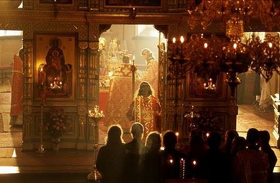 Valaam Monastery, showing how oil lamps illuminate just the icons.