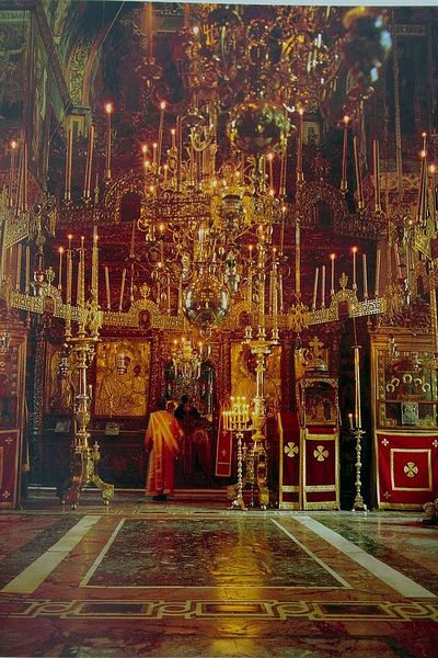Vatopedi Monastery, Mount Athos, showing how light becomes dynamic when reflected off polished brass and silver and the mosaic floors.