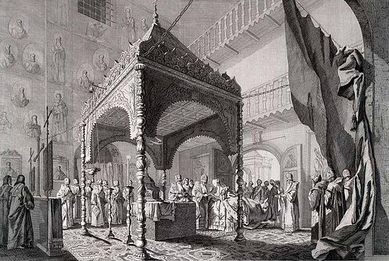 Catherine II communing inside the altar at her Coronation Divine Liturgy, 12 September 1762, Uspenskiy Sobor, Kremlin, Moscow.
