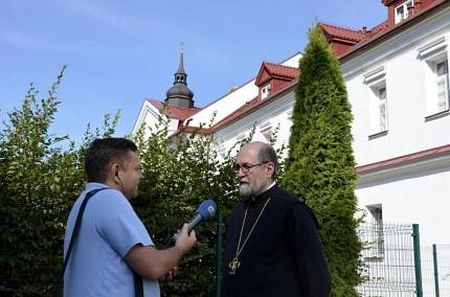 Fr. Chad is interviewed by National Polish Radio during SYNDESMOS conference (photos: oca.org)