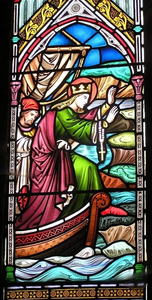 A stained glass depicting St. Bega in the St. Bees Priory