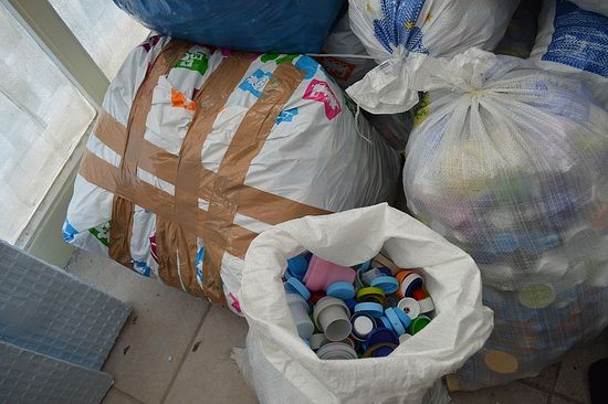One of the most innovative recycling efforts of the Mission involves school children collecting plastic bottle caps. One and a half ton of plastic caps are collected and brought to recycling facilities.