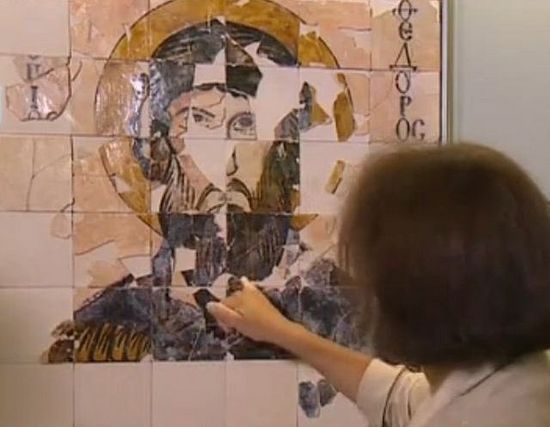 The restoration and adding of newly found fragments to the 10th century icon of St. Theodore Stratilates made of painted ceramics from Veliki Preslav, capital of the First Bulgarian Empire in 893-970 AD, during the Golden Age of Old Bulgarian culture and literature. Photos: TV grabs from BNT
