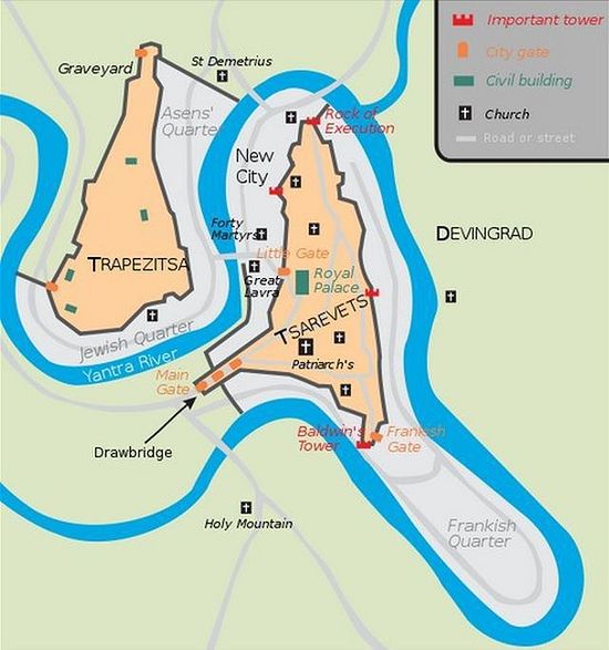 A map of Tarnovgrad, capital of the Second Bulgarian Empire (1185-1396 AD), today’s Veliko Tarnovo, showing the location of Frenkhisar (the Frankish Quarter) in the southeast. Map: Martyr, Wikipedia