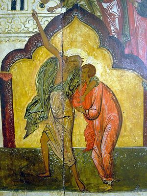 Блаженный Андрей со своим учеником Епифанием. Фрагмент иконы Покрова Божией Матери