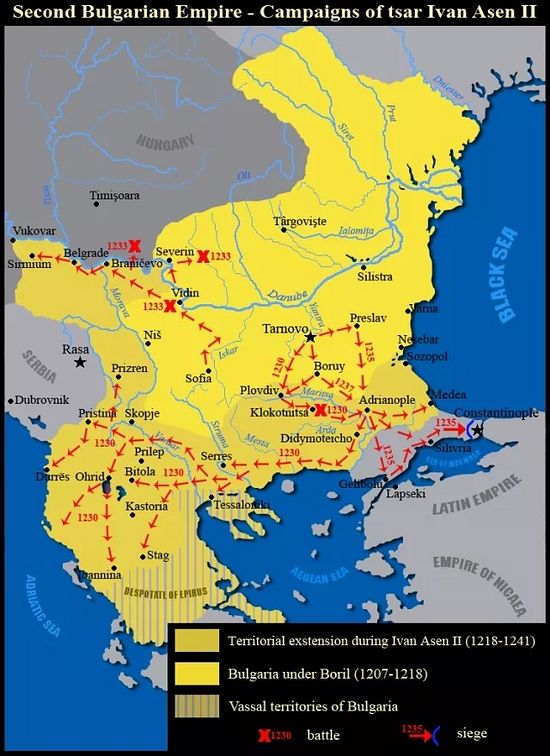 The military campaigns and battles of Tsar Ivan ASen II of the Second Bulgarian Empire. Map by Kandi, Wikipedia
