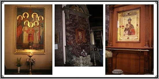 Our Lady of Kazan Cathedral photos (left to right) – (1) A large icon of the Holy Royal Martyrs; (2) the spot where Tsar Nicholas II prayed during his visits to the cathedral is marked by an icon of his image; (3) icon depicting Tsar Nicholas II and his son, the Tsarevich Alexei Nicholayevich