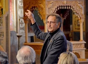 Robert Andrews discusses his work and his process Sunday night at Transfiguration Greek orthodox church in Lowell. SUN/Caley McGuane