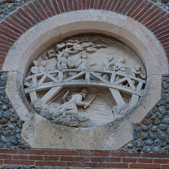 Plaque depicting the finding of St. Edmund by a wedding party, Hoxne.