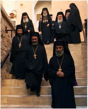 Distinguished guests including Patriarch Theodoros II with Sinai priestmonks enter the church for the Festal Liturgy of Saint Catherine in 2005. (Massimo Pizzocaro/ Italy)