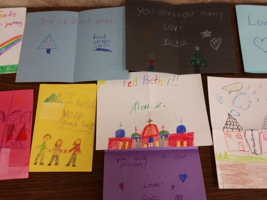 Children in the Sunday School at St. George Greek Orthodox Church is Piscataway made cards for the Syrian refugees. (Photo: ~Courtesy of Arete Bouhlas)