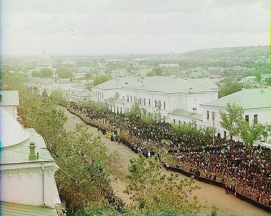 View from the bell tower of the Trinity cathedral (of the Trinity Monastery) on Cathedral Square in Belgorod, during the celebration of the canonization of Joasaf of Belgorod, September 4, 1911 (Uncovering of the relics of Saint Joasaph, Bishop of Belgorod). Photograph by Sergei Prokudin-Gorsky.
