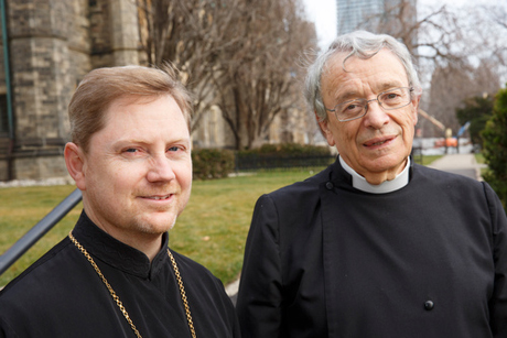 The Revd Father Geoffrey Ready (left) and the Revd Canon David Neelands outside Trinity College, Toronto