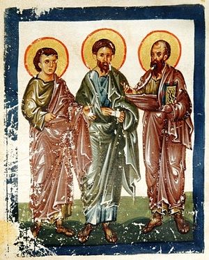 Apostles Timoth, Silouan, and Paul. Miniature "Acts and Epistles of the Apostles." Byzantium. End of 13th C., Moscow.