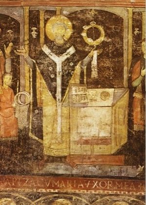 St. Clement serving the Liturgy. Fresco of the cathedral of St. CLement. Rome 11th C.