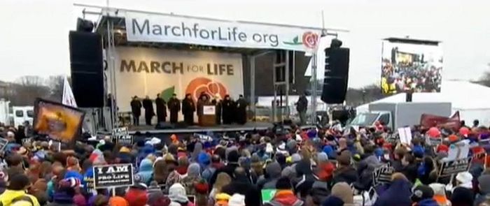 Metropolitan Tikhon and Orthodox hierarchs and clergy on the stage during the pre-March rally.