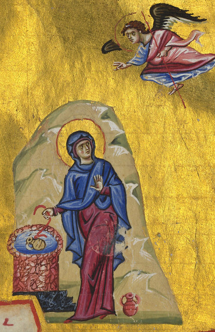 An annunciation scene from a Byzantine 12th-century illuminated manuscript. Credit Bibliothèque Nationale de France