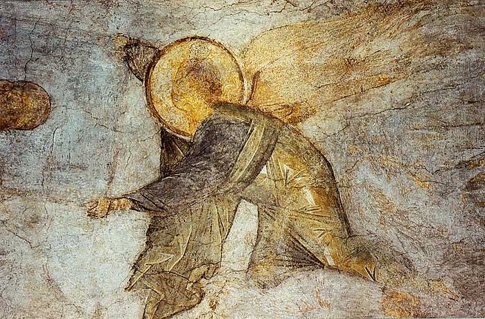 Роспись Успенского собора. А. Рублев. Ангел, свивающий небеса в свиток