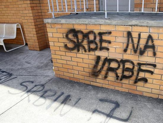 The aggressive graffiti on the church’s property.