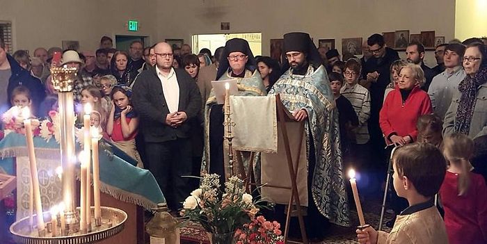Father (Hieromonk) Gabriel Kvasnikov and a visiting priest lead a special service Feb. 26, 2016, celebrating the visit of the venerated Kursk-root icon of the Mother of God to Holy Trinity Russian Orthodox Church in Mebane, NC. Holy Trinity Russian Orthodox Church Contributed 