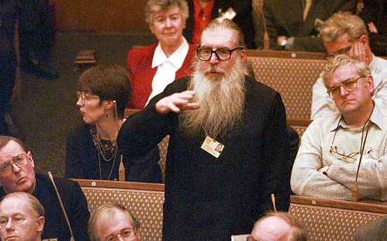 Archimandrite Ephrem Lash speaking during the Lord's Prayer debate at the General Synod, 1998 Photo: Stephen Lock