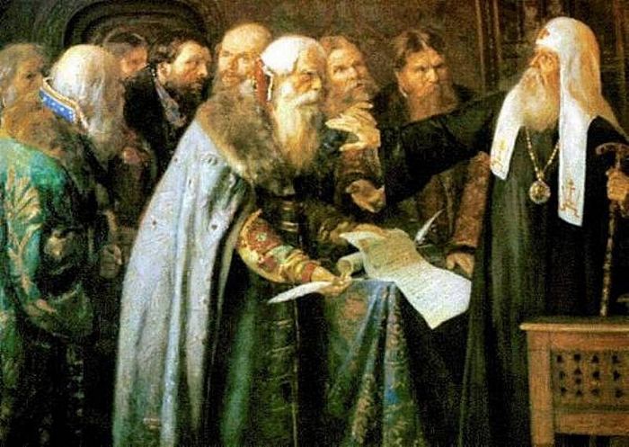 Патриарх Иов отказывается признать в Лжедмитрии I сына Ивана IV. Художник: Петр Геллер