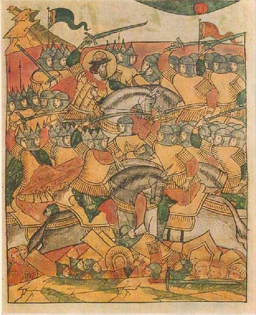 Battle between the army of Alexander Nevsky and the Livonian knights on the ice-bound Chudskoye Lake. 17th-century manuscript