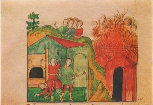 Burning village: scene from the time of the Tartar invasion. 17th-century manuscript