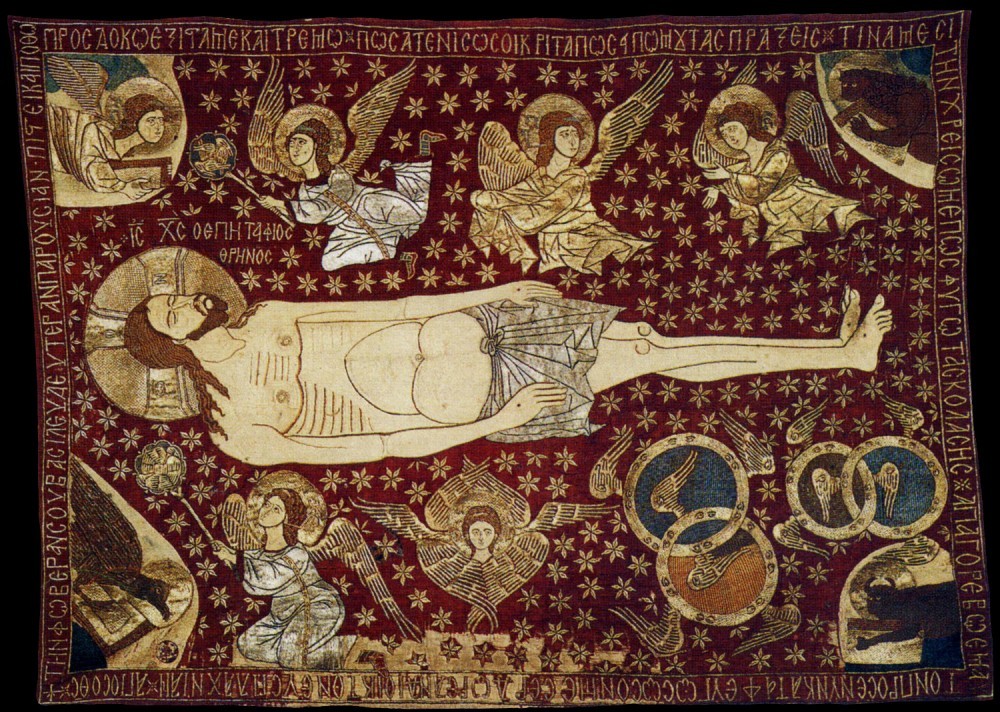 Holy and Great Saturday. Christ surrounded by angelic forces. A Christ shroud of the Monastery of the Transfiguration of the Lord, Meteora, Greece. 14th century.