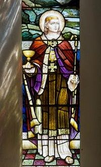 Stained glass image of St. Paternus at Llanbadarn Fawr church (photo by Martin Crampin)