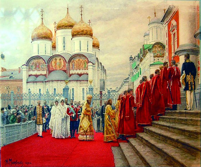 Шествие Императорской фамилии из Успенского собора в Чудов монастырь 2 апреля 1900 года