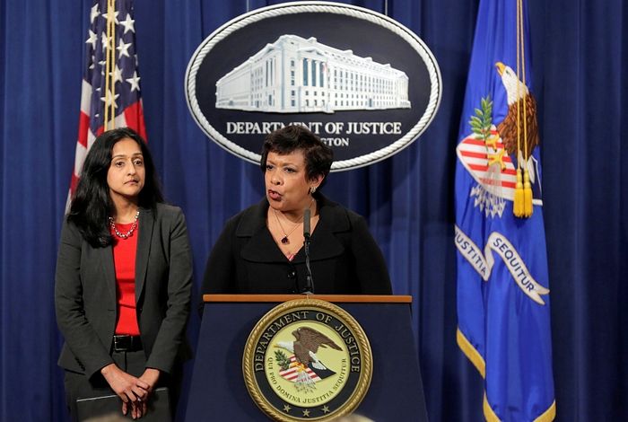 Attorney General Loretta E. Lynch (R) and Principal Deputy Assistant Attorney General Vanita Gupta, head of the Civil Rights Division, announce law enforcement action against the state of North Carolina in Washington, U.S., May 9, 2016.