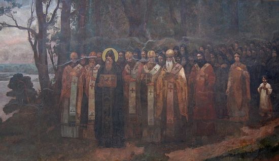 Прп. Антоний Печерский во главе подвижников Киево-Печерской Лавры, лаврская фреска