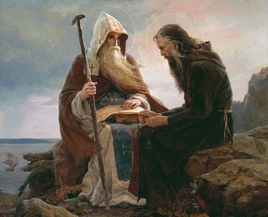 Прп. Антоний Печерский со своим старцем на Святой Горе Афон