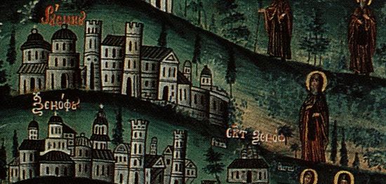 Фрагмент иконы всех препп. Афонских. Преп. Антоний изображен около Русской святогорской обители