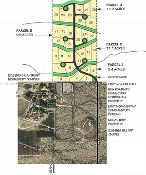 An image showing the overall proposal, as well as a detailed look at the impact immediately adjacent to the Monastery.