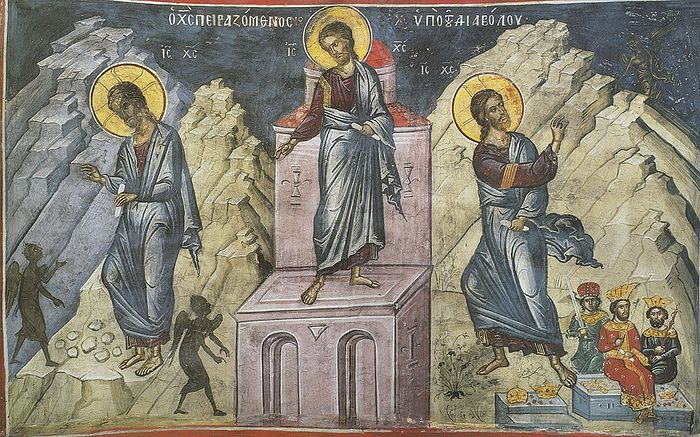 Искушения Христа в пустыне. Фреска афонского монастыря Дионисиат