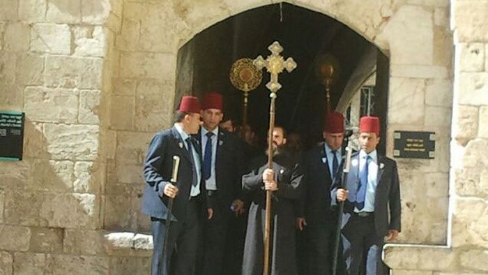 Greek Orthodox clergy lead a procession to Pentecost prayers at Mt. Zion, June 19, 2016.Window on Mt. Zion courtesy read more: http://www.haaretz.com/israel-news/1.726345