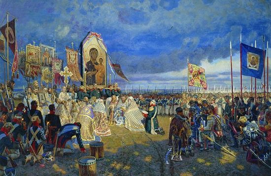 “A prayer service on Borodino Field”—by the artist Yegor Nikolayevich Zaitsev.