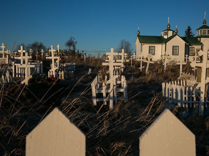 Russian Orthodox crosses in the time-and-weather-worn cemetery of Ninilchik’s Holy Transfiguration of Our Lord Chapel are a testament to the heritage of the village. (Nathaniel Wilder) 