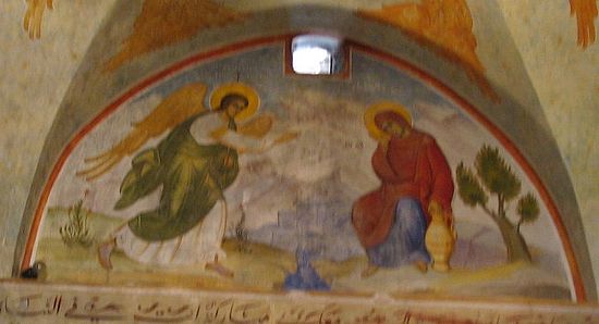 A section in the wall painting in St Gabriel Church, with an illustration of the Annunciation