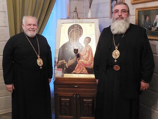 Bishops Paul and Mstislav with reproduction of the wonderworking Tikhvin Icon of the Mother of God.