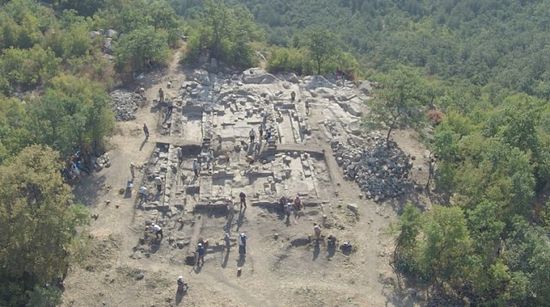 An aerial view of the newly discovered Early Christian basilica in the rock city of Perperikon in the Eastern Rhodope Mountains in Southern Bulgaria. Photo: Archaeological Team / Sega daily