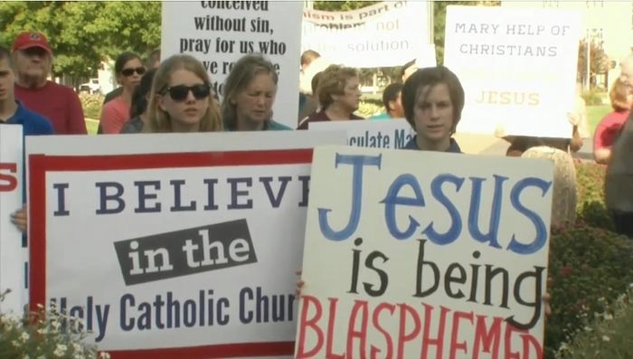 Christians protest a satanic black mass held at the Oklahoma City Civil Center in Oklahoma City on Monday Aug. 15, 2016.