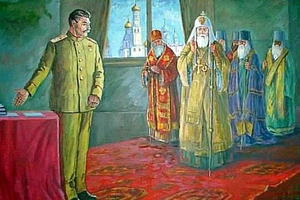 Современная картина. изображающая встречу Сталина с иерархами Церкви