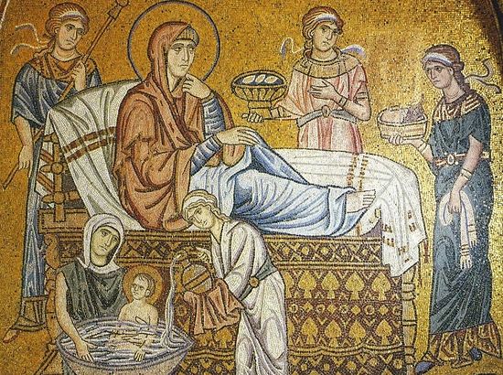 Рождество Пресвятой Богородицы. Мозаика. 1100 г., монастырь Успения Божией Матери, Дафни, Греция
