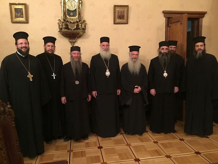 The delegation of theologians from Greece meeting with the hierarchs of the Church of Georgia at the patriarchate to discuss the Council of Crete and the post-council path.